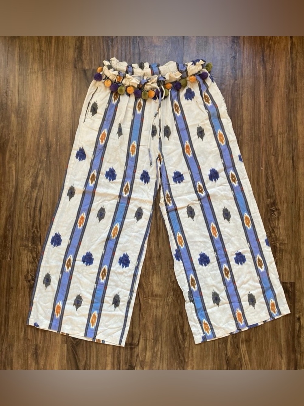 Ollari New York Wide Leg Cream Ikat Stripe Pants with Pom Waist Size Small